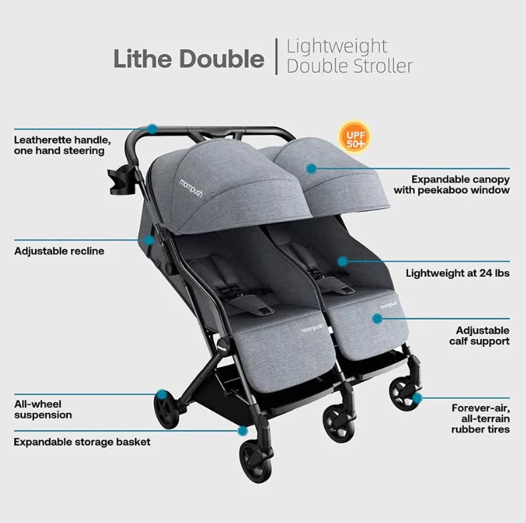 Lithe Double lightweight stroller features diagram
